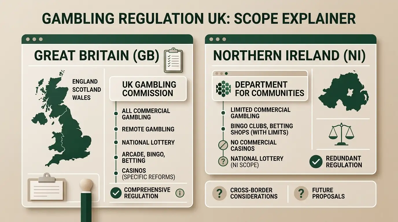 Conceptual illustration distinguishing Great Britain and Northern Ireland gambling regulation
