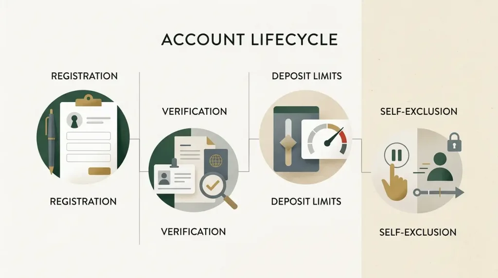 Account lifecycle from registration to safer-gambling controls