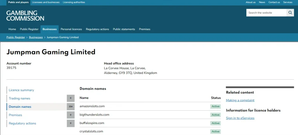 UK Gambling Commission register entry for Jumpman Gaming Limited and amazonslots.com